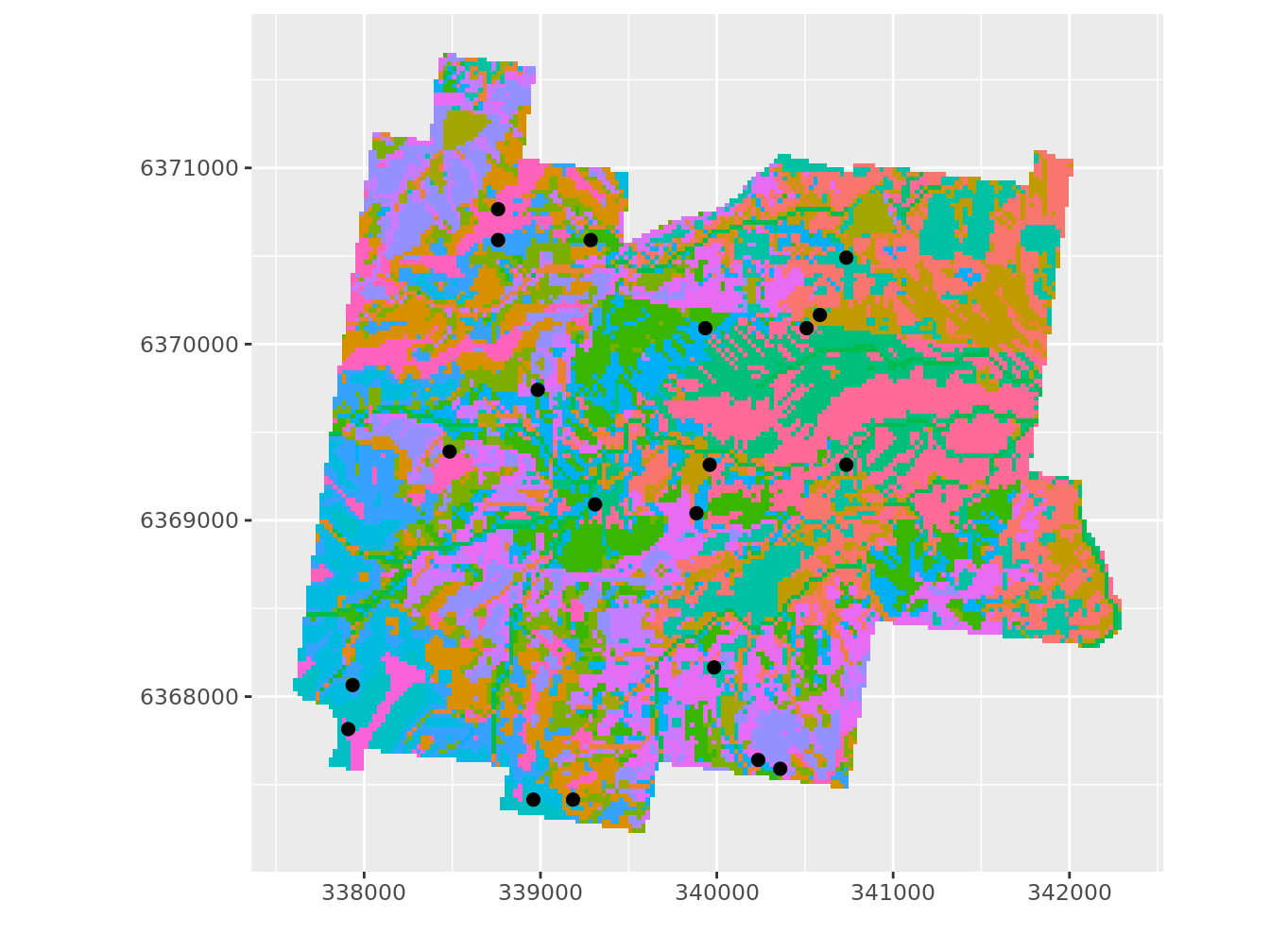 Plan optimisé par K-moyenne sur les covariables, représentation dans l'espace géographique